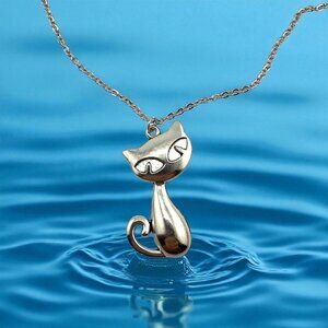 Silver Tone Siamese Cat Pendant Necklace Diamond Cut Stainless Steel Chain